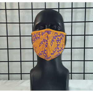 Omega Psi phi mask. Gold with purple writing.
